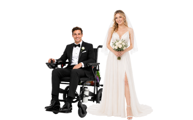 A bride and groom sharing a romantic moment on a nature trail during their outdoor destination wedding, with the groom comfortably using a Zurcheel SLB40 all-terrain power wheelchair.