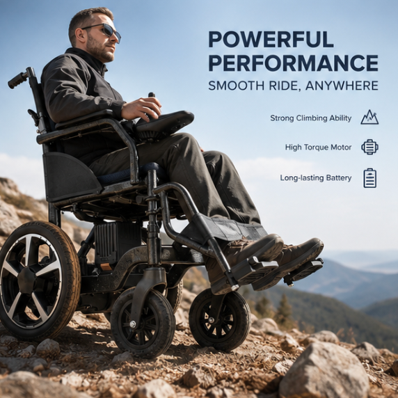 A user confidently navigating a rugged, rocky outdoor trail in the Zurcheel SLT30 all-terrain electric wheelchair, showcasing its high-torque motor and anti-slip tires.